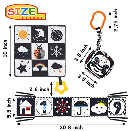 KUANGO 3 Pcs Black and White High Contrast Baby Toys 0-3 Months for Newborn, Montessori Toys for Babies Sensory Soft Book for Early Education, Infant Tummy Time Toys 0 6 9 Months Baby Gifts