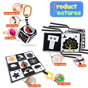 KUANGO 3 Pcs Black and White High Contrast Baby Toys 0-3 Months for Newborn, Montessori Toys for Babies Sensory Soft Book for Early Education, Infant Tummy Time Toys 0 6 9 Months Baby Gifts