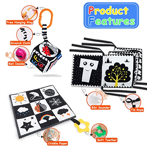 KUANGO 3 Pcs Black and White High Contrast Baby Toys 0-3 Months for Newborn, Montessori Toys for Babies Sensory Soft Book for Early Education, Infant Tummy Time Toys 0 6 9 Months Baby Gifts