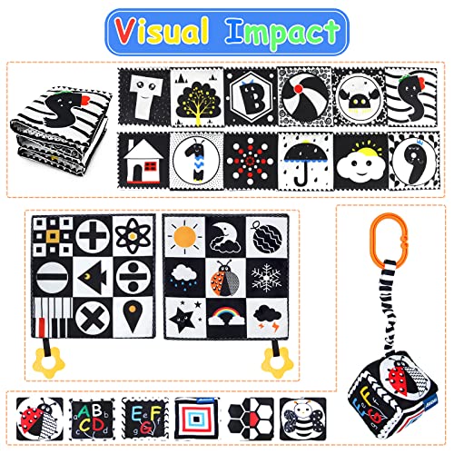 KUANGO 3 Pcs Black and White High Contrast Baby Toys 0-3 Months for Newborn, Montessori Toys for Babies Sensory Soft Book for Early Education, Infant Tummy Time Toys 0 6 9 Months Baby Gifts