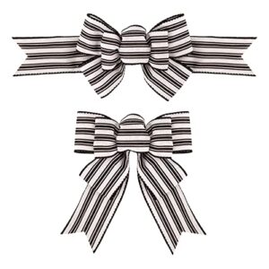 meseey 2 pcs farmhouse stripe wired ribbon handmade premade black and white striped burlap bows for wreaths tree decorations gift wrapping outdoor decoration(black and white stripe)