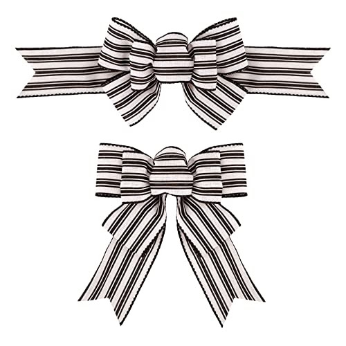 Meseey 2 Pcs Farmhouse Stripe Wired Ribbon Handmade Premade Black and White Striped Burlap Bows for Wreaths Tree Decorations Gift Wrapping Outdoor Decoration(Black and White Stripe)