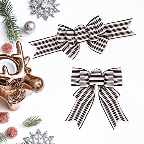 Meseey 2 Pcs Farmhouse Stripe Wired Ribbon Handmade Premade Black and White Striped Burlap Bows for Wreaths Tree Decorations Gift Wrapping Outdoor Decoration(Black and White Stripe)