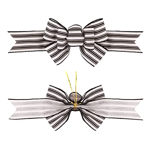 Meseey 2 Pcs Farmhouse Stripe Wired Ribbon Handmade Premade Black and White Striped Burlap Bows for Wreaths Tree Decorations Gift Wrapping Outdoor Decoration(Black and White Stripe)