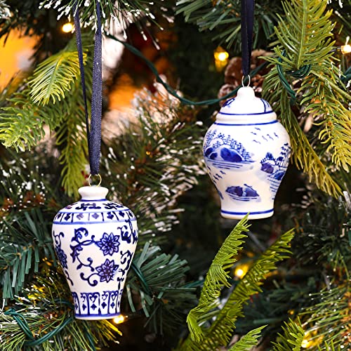 8 Pcs Christmas Mini Ginger Jar Ornaments Chinoiserie Porcelain Hanging Ornaments Ceramic Christmas Ornaments Blue and White Christmas Tree Decorations Christmas Hanging Pendant (Vintage Style)