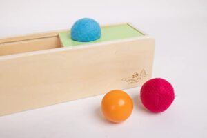 leticia's corner montessori-inspired wooden object permanence box, sliding top box with felt, wooden and knitted balls, imbucare box, ball drop, montessori toy for babies 6 months and older