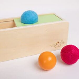 Leticia's Corner Montessori-Inspired Wooden Object Permanence Box, Sliding Top Box with Felt, Wooden and Knitted Balls, Imbucare Box, Ball Drop, Montessori Toy for Babies 6 Months and Older