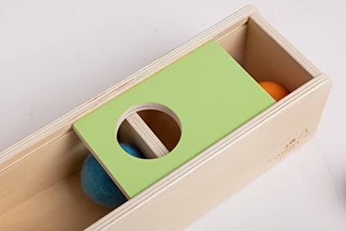 Leticia's Corner Montessori-Inspired Wooden Object Permanence Box, Sliding Top Box with Felt, Wooden and Knitted Balls, Imbucare Box, Ball Drop, Montessori Toy for Babies 6 Months and Older