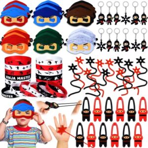 golray 60pcs ninja party favors for kids birthday with warrior karate party favor masks sticky hand stretchy flying slingshot wristband keychains,samurai themed party supplies decoration boys