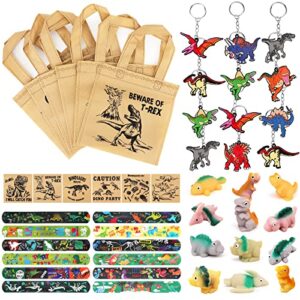 moltby 48pcs dinosaur party favors - dino tote non-woven goodie bags dinosaur keychain slap bracelets stress relief toys for kids boys, dinosaur themed party supplies for kids birthday