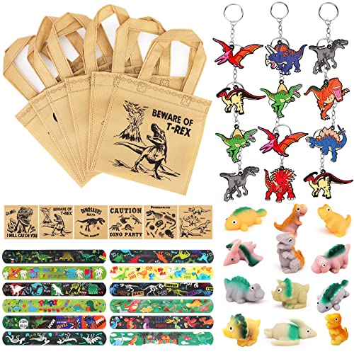 Moltby 48Pcs Dinosaur Party Favors - Dino Tote Non-woven Goodie Bags Dinosaur Keychain Slap Bracelets Stress Relief Toys for Kids Boys, Dinosaur Themed Party Supplies for Kids Birthday