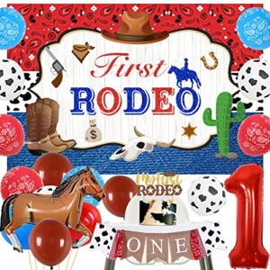 cowboy 1st birthday decorations, first rodeo birthday party decor blue, first rodeo birthday backdrop western theme balloons, cow one high chair banner for western cowboy birthday party supplies