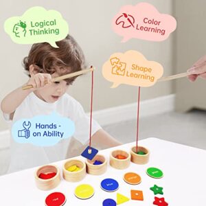 SHARKWOODS Montessori Toy Sorting Cup&Fishing Game 2-in-1 Wooden Colors Shapes Sorting Matching Learning Educational for Toddlers 1-3 Year Old Gifts
