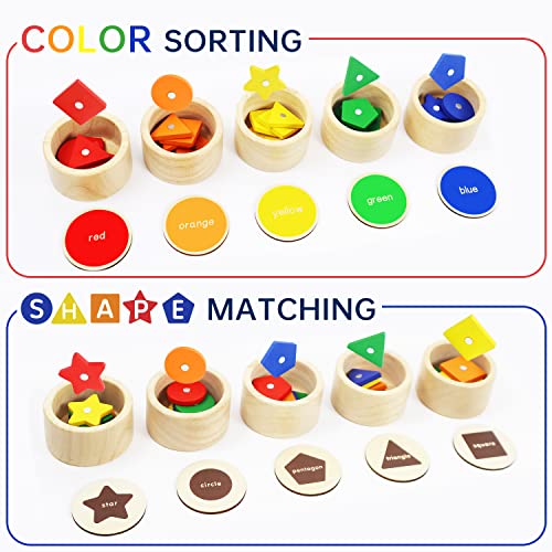 SHARKWOODS Montessori Toy Sorting Cup&Fishing Game 2-in-1 Wooden Colors Shapes Sorting Matching Learning Educational for Toddlers 1-3 Year Old Gifts