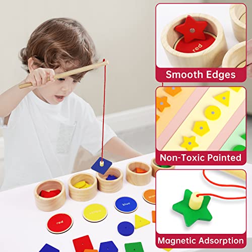 SHARKWOODS Montessori Toy Sorting Cup&Fishing Game 2-in-1 Wooden Colors Shapes Sorting Matching Learning Educational for Toddlers 1-3 Year Old Gifts