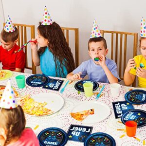 gisgfim 96 Pcs Video Game Party Supplies Paper Plates Napkins Gaming Party Birthday Decorations Favors for Kids Gaming Serves 24