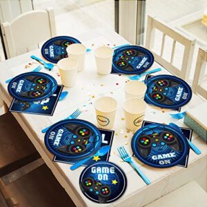 gisgfim 96 Pcs Video Game Party Supplies Paper Plates Napkins Gaming Party Birthday Decorations Favors for Kids Gaming Serves 24