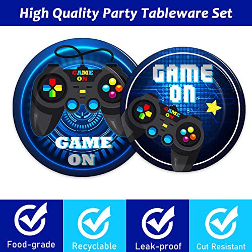 gisgfim 96 Pcs Video Game Party Supplies Paper Plates Napkins Gaming Party Birthday Decorations Favors for Kids Gaming Serves 24