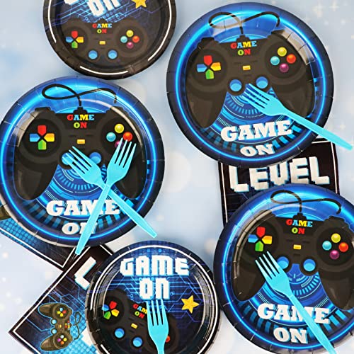 gisgfim 96 Pcs Video Game Party Supplies Paper Plates Napkins Gaming Party Birthday Decorations Favors for Kids Gaming Serves 24