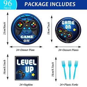 gisgfim 96 Pcs Video Game Party Supplies Paper Plates Napkins Gaming Party Birthday Decorations Favors for Kids Gaming Serves 24