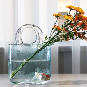 Purse Vase for Flowers, Glass Vase, Fish Bowl with Bubble, Handbag Shape Clear Vase, 10.6 inch Vase for Flowers, Plant Vase for Christmas, Birthday Gift, Table Decor-Light Blue