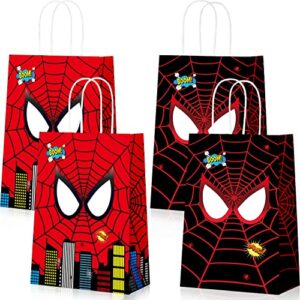 30pcs hero party treat bags with handles,large thick kraft double sided spider web printed durable gift goodie treat candy bags for kids boys hero theme spider birthday party supplies and decorations