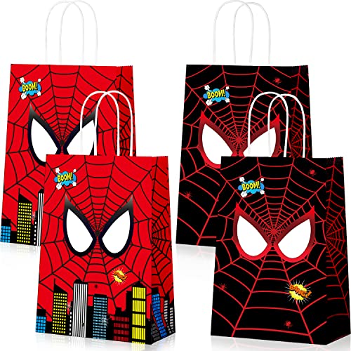 30Pcs Hero Party Treat Bags with Handles,Large Thick Kraft Double Sided Spider Web Printed Durable Gift Goodie Treat Candy Bags for Kids Boys Hero Theme Spider Birthday Party Supplies and Decorations