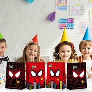 30Pcs Hero Party Treat Bags with Handles,Large Thick Kraft Double Sided Spider Web Printed Durable Gift Goodie Treat Candy Bags for Kids Boys Hero Theme Spider Birthday Party Supplies and Decorations