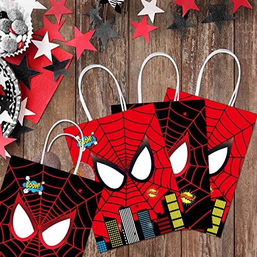 30Pcs Hero Party Treat Bags with Handles,Large Thick Kraft Double Sided Spider Web Printed Durable Gift Goodie Treat Candy Bags for Kids Boys Hero Theme Spider Birthday Party Supplies and Decorations