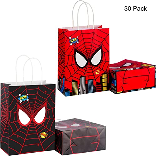 30Pcs Hero Party Treat Bags with Handles,Large Thick Kraft Double Sided Spider Web Printed Durable Gift Goodie Treat Candy Bags for Kids Boys Hero Theme Spider Birthday Party Supplies and Decorations