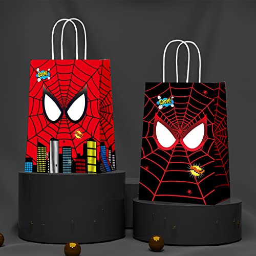 30Pcs Hero Party Treat Bags with Handles,Large Thick Kraft Double Sided Spider Web Printed Durable Gift Goodie Treat Candy Bags for Kids Boys Hero Theme Spider Birthday Party Supplies and Decorations