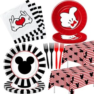 hipvvild mickey birthday party supplies for boy, mickey theme mouse birthday baby shower party decorations tableware, plate, napkin, tablecloth, fork, mickey theme party supplies dinnerware | serve 24