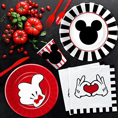 HIPVVILD Mickey Birthday Party Supplies For Boy, Mickey Theme Mouse Birthday Baby Shower Party Decorations Tableware, Plate, Napkin, Tablecloth, Fork, Mickey Theme Party Supplies Dinnerware | Serve 24