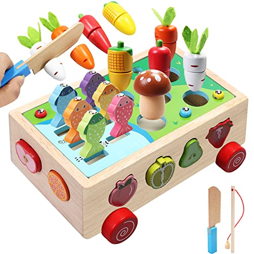 Tooysea Toddler Educational Toys | Montessori Multifunctional Toys for 2 3 4 Year Old Girls Boys, Wooden Shape Sorting Counting Puzzle Carrots Harvest Game, Preschool Learning Gifts for Kids