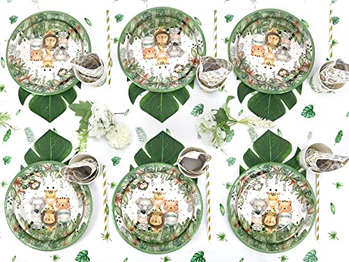 Safari Jungle Baby Shower Plates Set Decorations Boy Birthday Party Supplies Serves 25,Sage Green Plates Napkins Cups and Straws Animals Theme Disposable Tableware Set