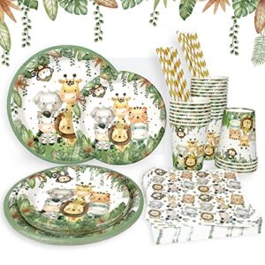 safari jungle baby shower plates set decorations boy birthday party supplies serves 25,sage green plates napkins cups and straws animals theme disposable tableware set