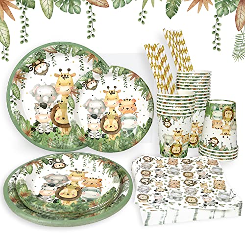 Safari Jungle Baby Shower Plates Set Decorations Boy Birthday Party Supplies Serves 25,Sage Green Plates Napkins Cups and Straws Animals Theme Disposable Tableware Set