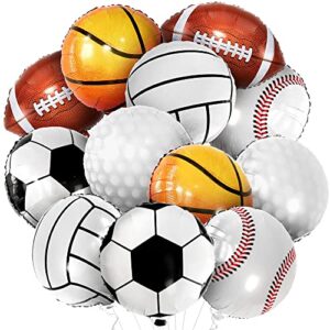 big 12 pieces, mylar sports balloons - 18 inch | sports themed birthday party supplies | soccer baseball golf football basketball balloons | sports balloon arch for sports birthday party decorations