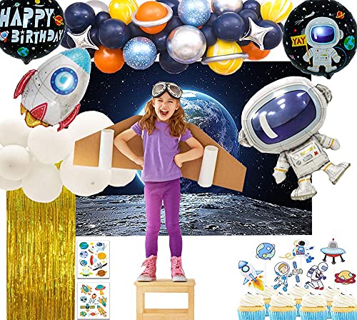 Outer Space Theme Birthday Party Decorations Happy Birthday Banner Balloons Tattoo Stickers Cake Toppers For Birthday Party, Boys Party, Astronaut Party Supplies