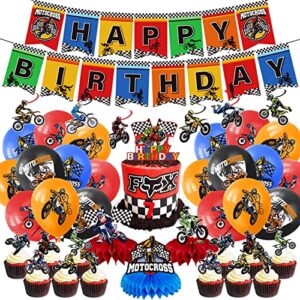 dirt bike party decorations, motocross birthday party supplies includes banner, cake toppers, hanging decorations, balloons, dirt bike party supplies, motorcycle extreme sports party decorations