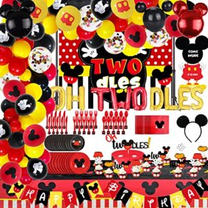 LetDec 214 PCS Mickey Twodles Birthday Party Decorations, Oh Twodles Balloons Arch Garland Kit, Mickey Two Backdrop, Mouse Themed TableCloth, Mickey Tableware for Boy 2nd Birtdhay Party Supplies