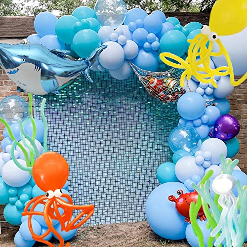 Ocean Theme Birthday Party Decorations Tiffany Blue Bobo Balloons Garland Kit with Shark Bubble Fish Clownfish Crab Octopus for Undersea Theme Boy Baby Shower Party Supplies