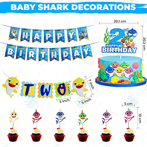 Empire Party Supply Baby Shark 2nd Birthday Decorations, Baby Shark Two Two Two, Shark Family Foil Balloons, Banner, Cake Topper, Blue Foil Curtains for Boy Girl Ocean Themed Party Supplies