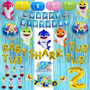 empire party supply baby shark 2nd birthday decorations, baby shark two two two, shark family foil balloons, banner, cake topper, blue foil curtains for boy girl ocean themed party supplies