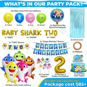 Empire Party Supply Baby Shark 2nd Birthday Decorations, Baby Shark Two Two Two, Shark Family Foil Balloons, Banner, Cake Topper, Blue Foil Curtains for Boy Girl Ocean Themed Party Supplies