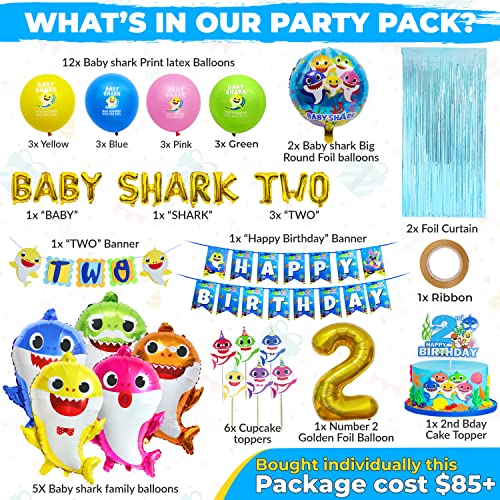 Empire Party Supply Baby Shark 2nd Birthday Decorations, Baby Shark Two Two Two, Shark Family Foil Balloons, Banner, Cake Topper, Blue Foil Curtains for Boy Girl Ocean Themed Party Supplies