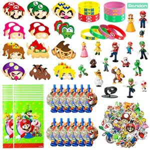 124p mario party favors kit, wario mario theme party supplies include mario masks wristband character mario stickers treat bags blowouts good for play games for boys or girls, birthday gifts