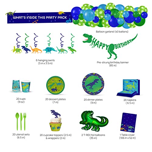 My Greca Dinosaur Birthday Party Supplies – (Serves 20) - TRex Theme Decorations Set - Plates, Cups, Napkins, Cupcake Toppers & Wrappers, Happy Birthday Banner, Table Cover, Balloon Garland Kit