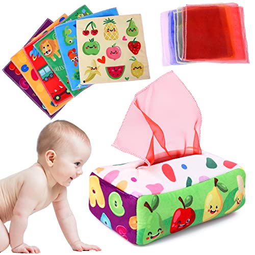 YOGINGO Baby Toys 6 to 12 Months - Baby Tissue Box Toy - Montessori Toys for Babies 6-12 Months, Soft Stuffed High Contrast Crinkle Infant Sensory Toys, Boys&Girls Kids Early Learning Toys Baby Gifts