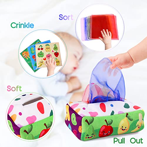 YOGINGO Baby Toys 6 to 12 Months - Baby Tissue Box Toy - Montessori Toys for Babies 6-12 Months, Soft Stuffed High Contrast Crinkle Infant Sensory Toys, Boys&Girls Kids Early Learning Toys Baby Gifts